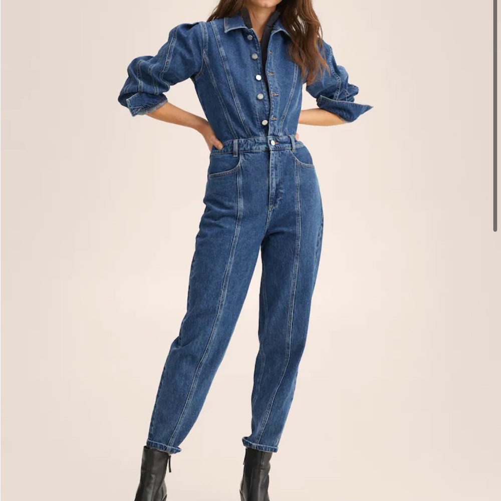 MANGO NWT Denim Jumpsuit SZ Small & Medium, Puffed Sleeve & Stitching Detail